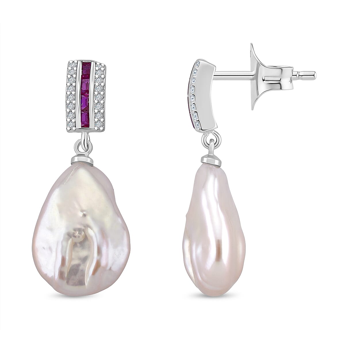 White Keshi Pearl, Purple Cubic Zirconia &amp; White Cubic Zirconia Earring with Push Back 15.00 Ct. 8221049 0