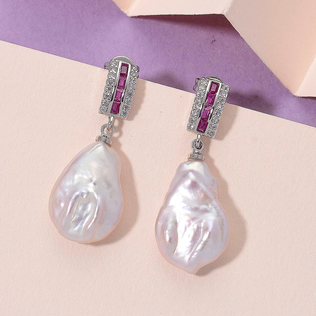 White Keshi Pearl, Purple Cubic Zirconia &amp; White Cubic Zirconia Earring with Push Back 15.00 Ct. 8221049 1
