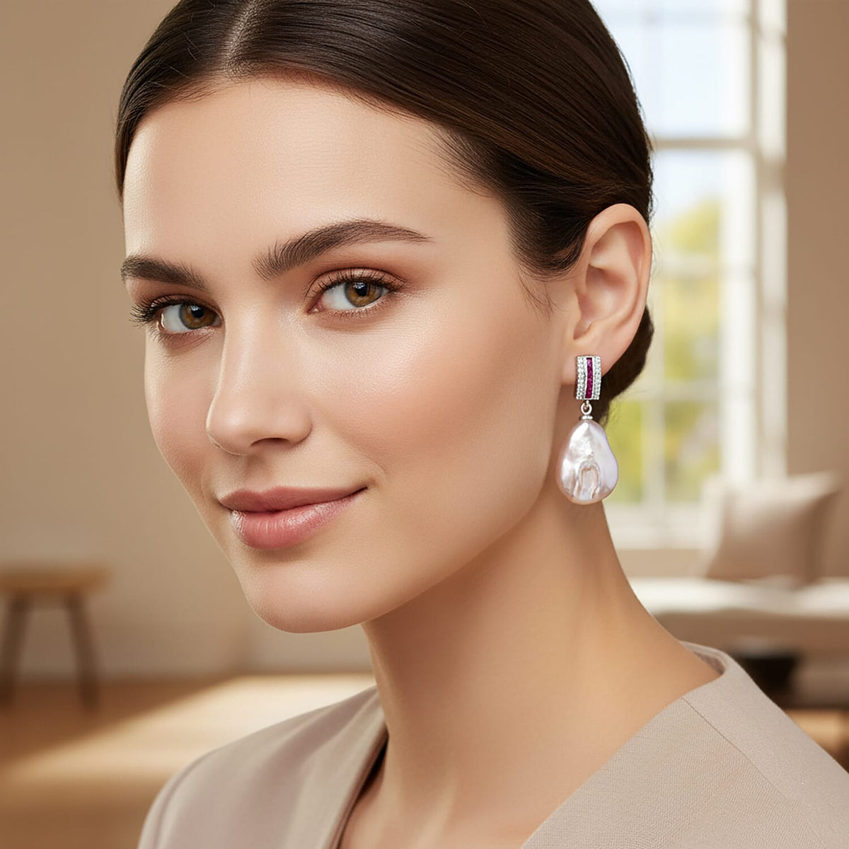 White Keshi Pearl, Purple Cubic Zirconia &amp; White Cubic Zirconia Earring with Push Back 15.00 Ct. 8221049 2
