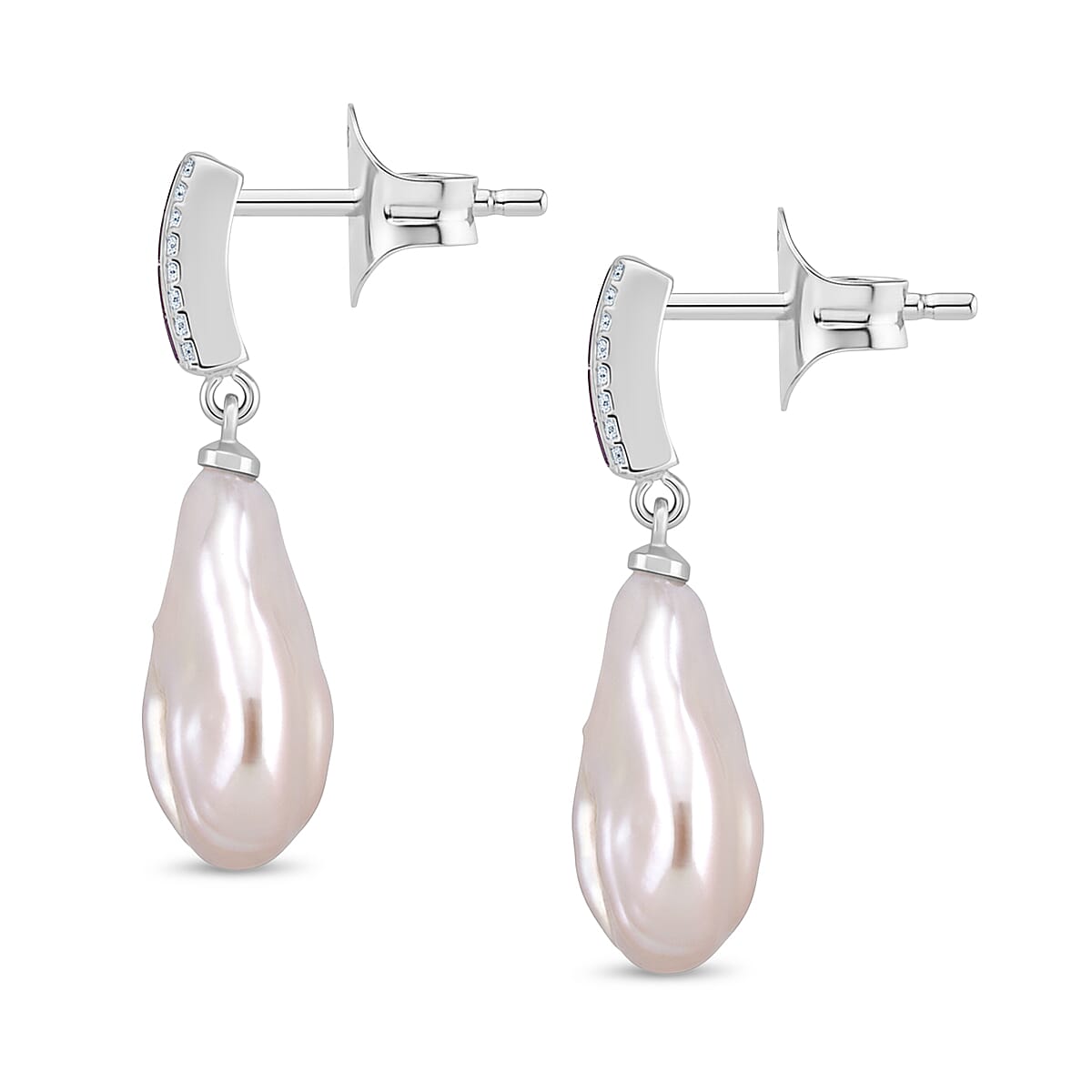 White Keshi Pearl, Purple Cubic Zirconia &amp; White Cubic Zirconia Earring with Push Back 15.00 Ct. 8221049 3