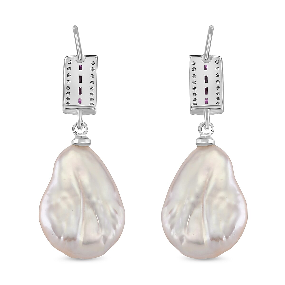 White Keshi Pearl, Purple Cubic Zirconia &amp; White Cubic Zirconia Earring with Push Back 15.00 Ct. 8221049 4