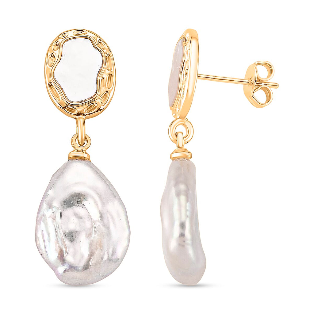 White Keshi Pearl & White Mother Of Pearl Earring with Push Back in Yellow Gold Plated 14.00 Ct.