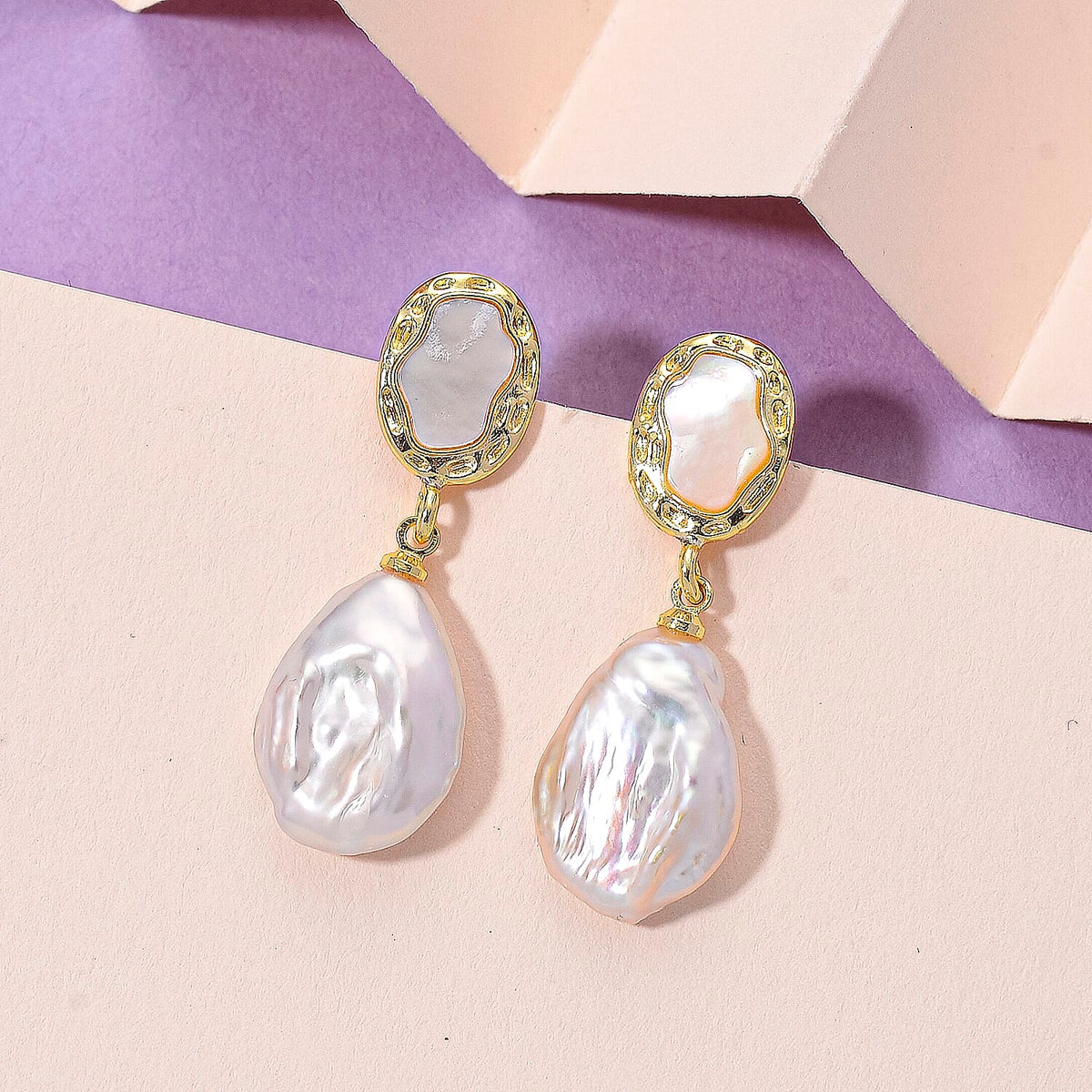 White Keshi Pearl &amp; White Mother Of Pearl Earring with Push Back in Yellow Gold Plated 14.00 Ct. 8221047 1