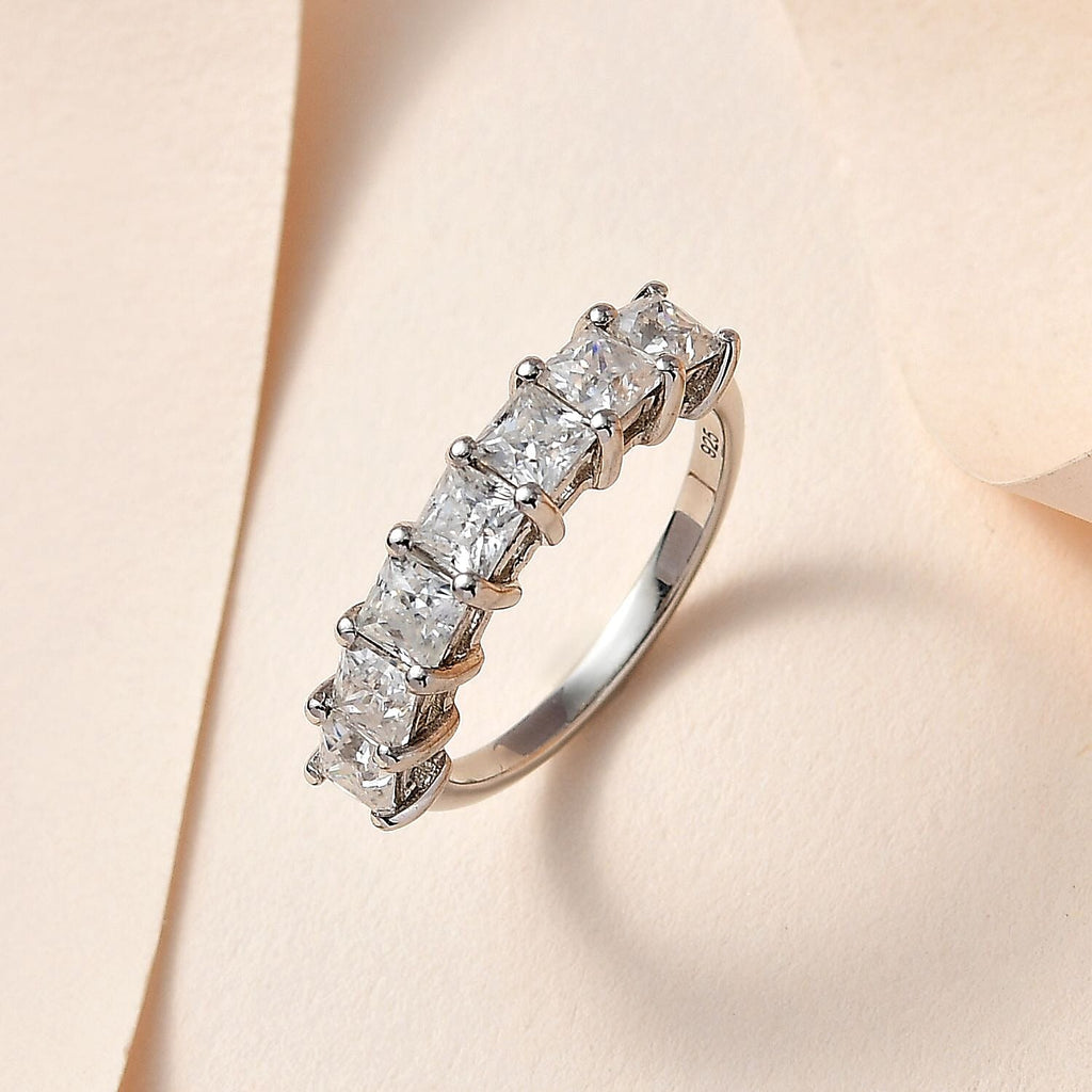 Moissanite 7 Stone Ring in Platinum Overlay Sterling Silver 1.68 Ct.
