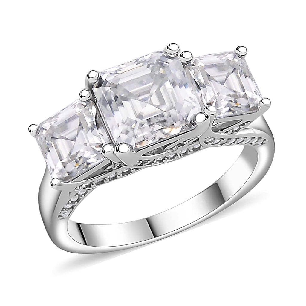 Moissanite (Asscher Cut) Trilogy Ring in Platinum Overlay Sterling Silver 4.82 Ct