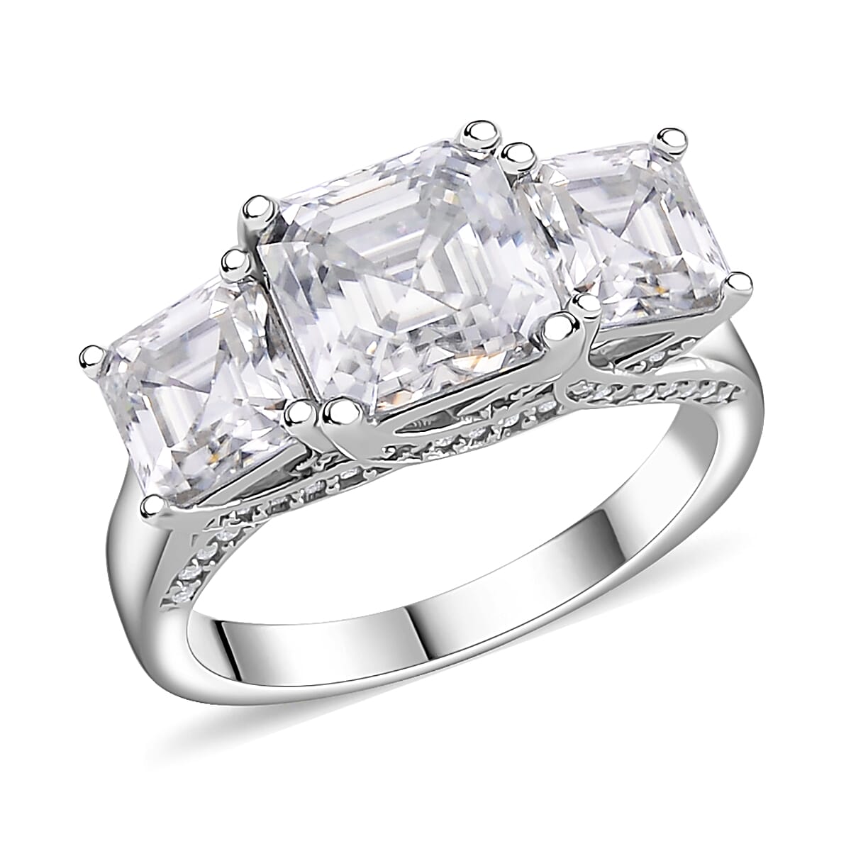 White Moissanite 3-Stone Trilogy Ring in Platinum Overlay Sterling Silver 4.82 ct  4.820  Ct. 7753508 0