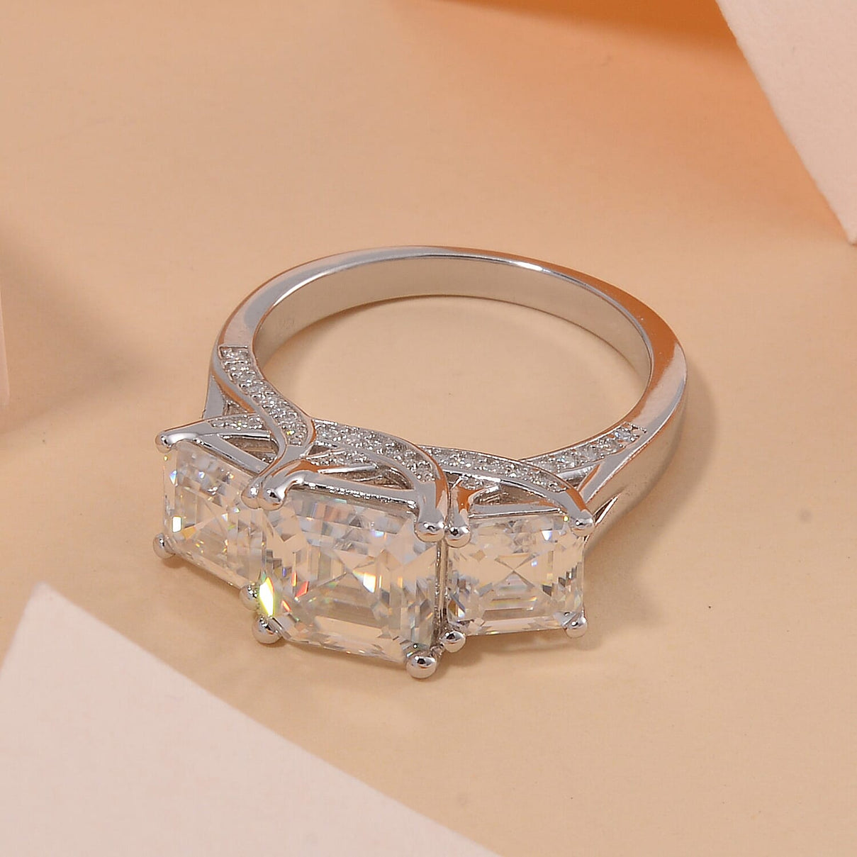 White Moissanite 3-Stone Trilogy Ring in Platinum Overlay Sterling Silver 4.82 ct  4.820  Ct. 7753508 2