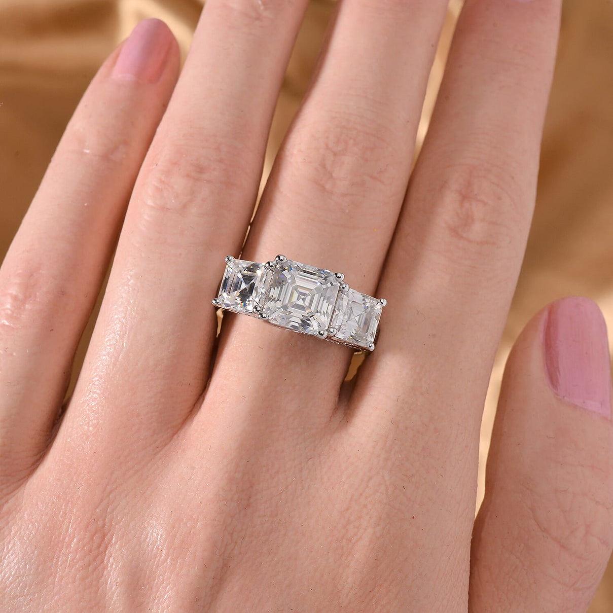 White Moissanite 3-Stone Trilogy Ring in Platinum Overlay Sterling Silver 4.82 ct  4.820  Ct. 7753508 3