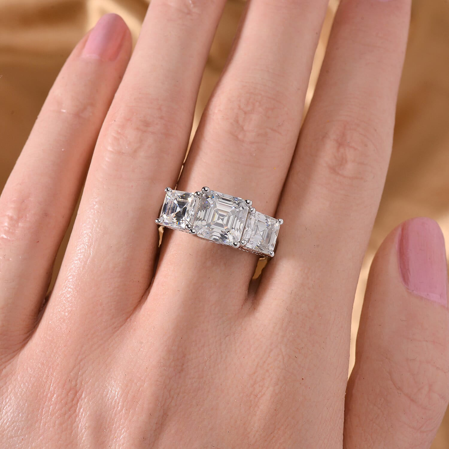 White Moissanite 3-Stone Trilogy Ring in Platinum Overlay Sterling Silver 4.82 ct  4.820  Ct. 7753508 3