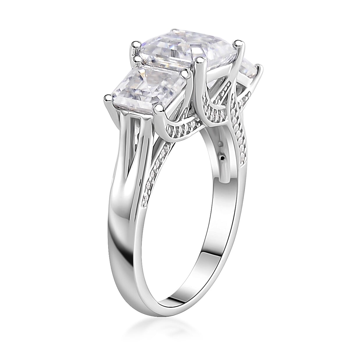 White Moissanite 3-Stone Trilogy Ring in Platinum Overlay Sterling Silver 4.82 ct  4.820  Ct. 7753508 4