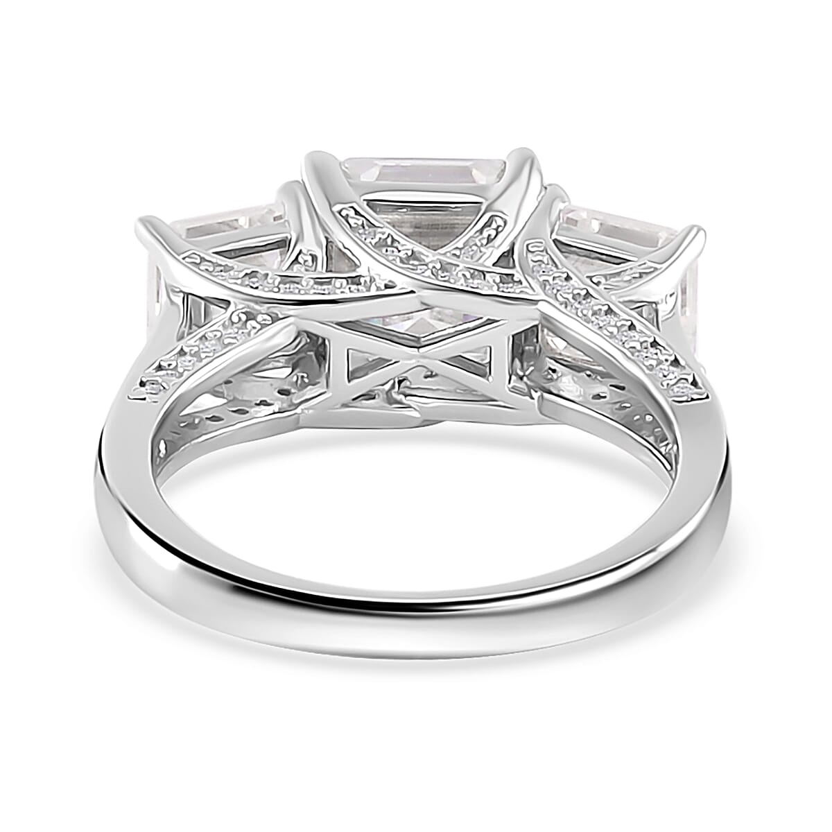 White Moissanite 3-Stone Trilogy Ring in Platinum Overlay Sterling Silver 4.82 ct  4.820  Ct. 7753508 5