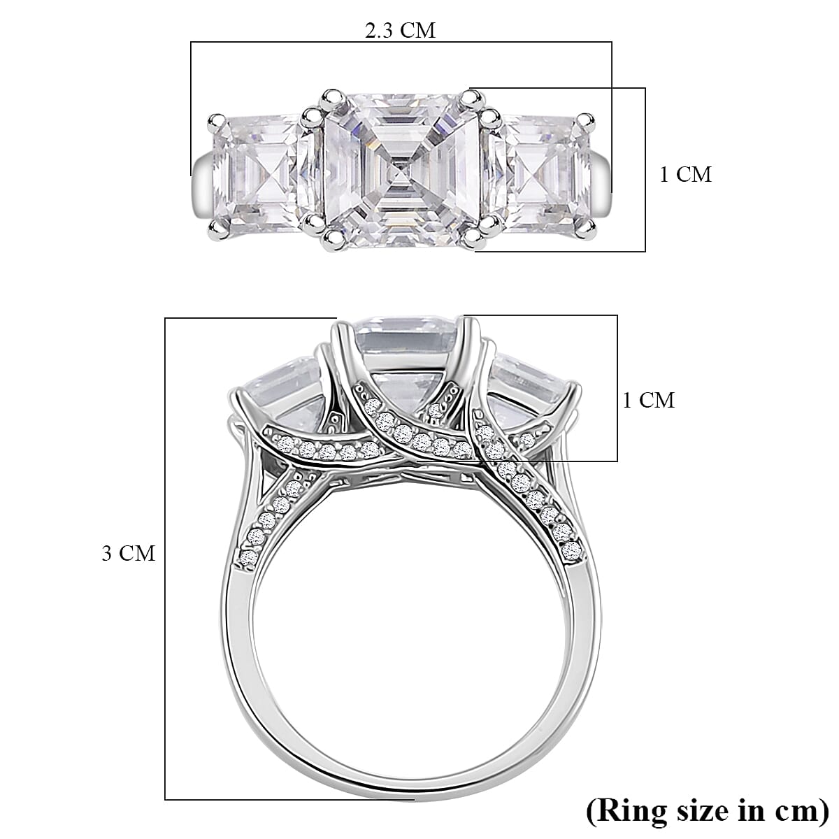 White Moissanite 3-Stone Trilogy Ring in Platinum Overlay Sterling Silver 4.82 ct  4.820  Ct. 7753508 6