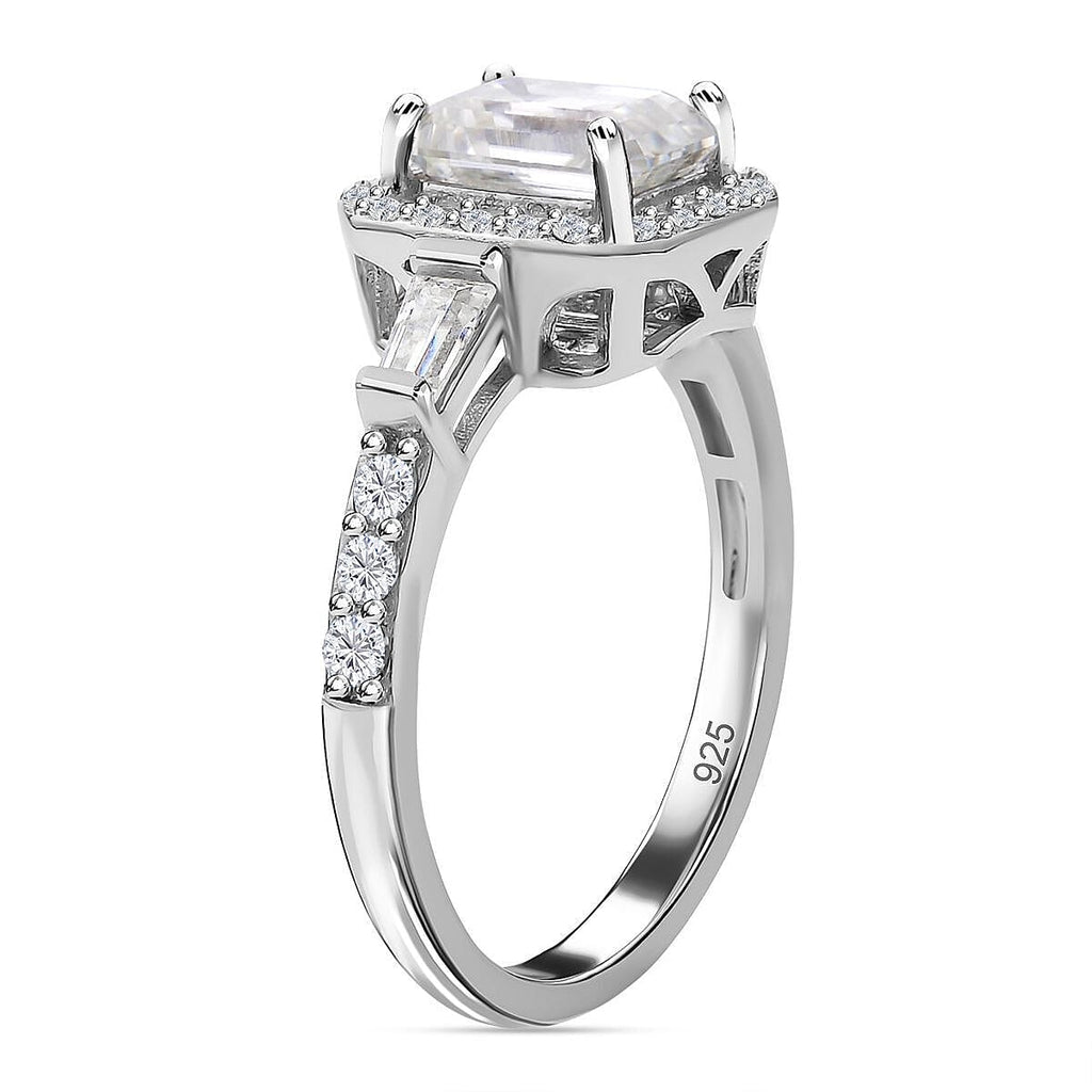 Moissanite Halo Ring in Rhodium Overlay Sterling Silver 2.42 Ct