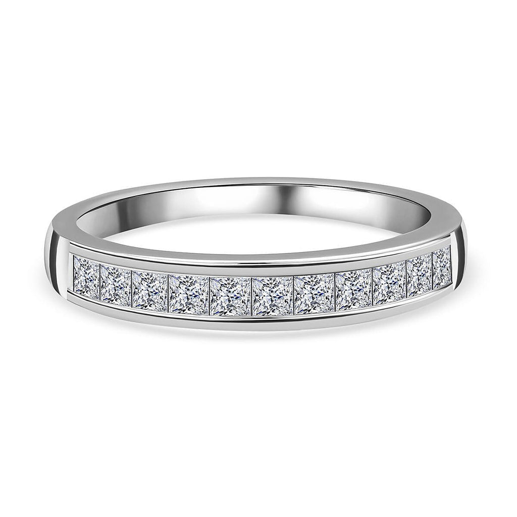 Moissanite Half Eternity Band Ring in Rhodium Overlay Sterling Silver