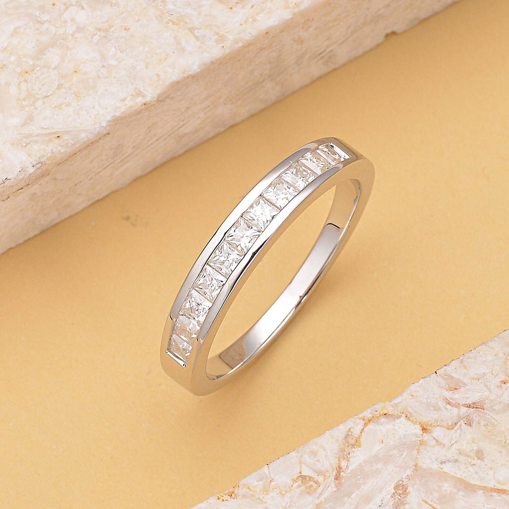 Moissanite Half Eternity Band Ring in Rhodium Overlay Sterling Silver