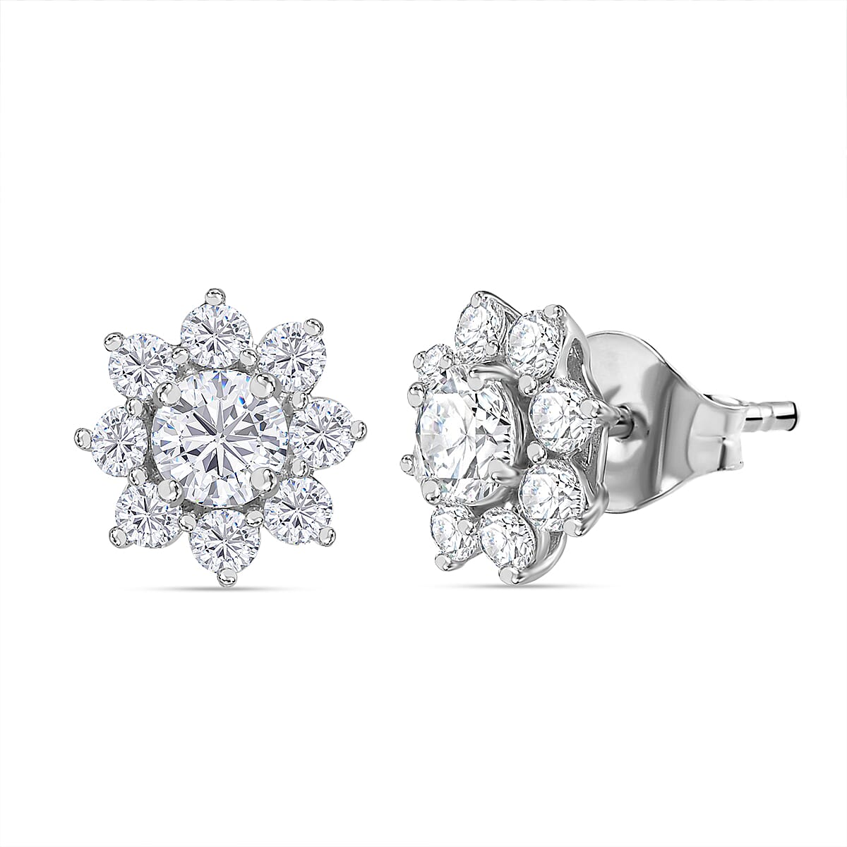 Moissanite Floral Stud Earrings in Rhodium Overlay Sterling Silver 1.85 Ct 7731806 0