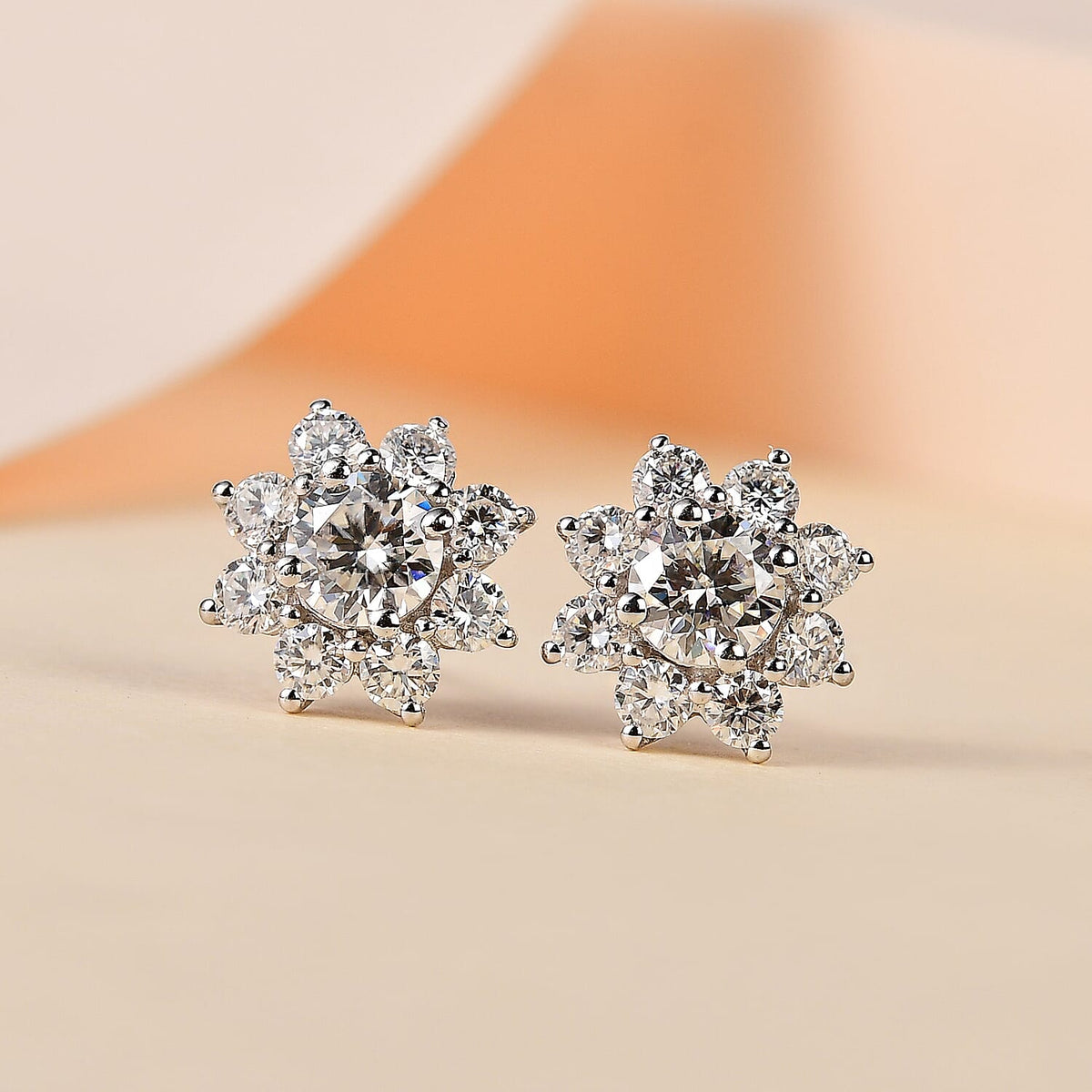 Moissanite Floral Stud Earrings in Rhodium Overlay Sterling Silver 1.85 Ct 7731806 2