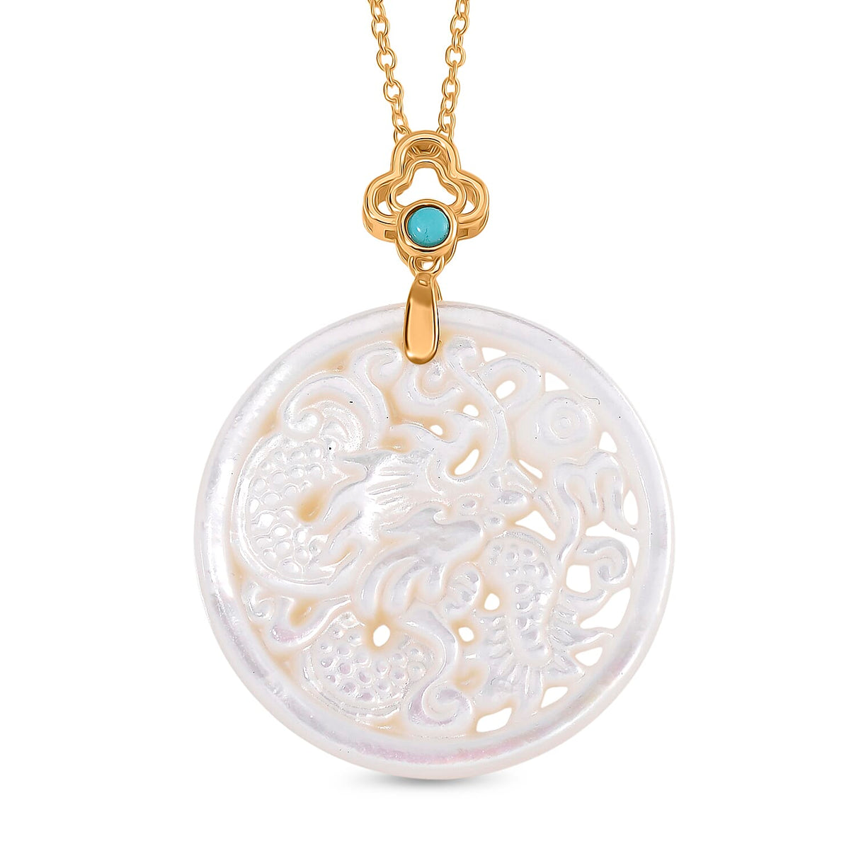White South Sea Colour Mother Of Pearl Carved Dragon &amp; Blue Turquoise Pendant with Chain (Size 20) in Yellow Gold Overlay Sterling Silver 23.50 Ct. 4380241 0