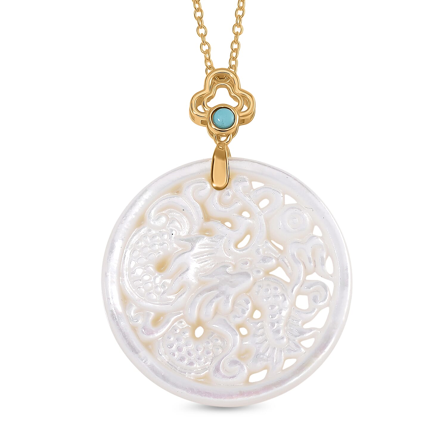 White South Sea Colour Mother Of Pearl Carved Dragon &amp; Blue Turquoise Pendant with Chain (Size 20) in Yellow Gold Overlay Sterling Silver 23.50 Ct. 4380241 0