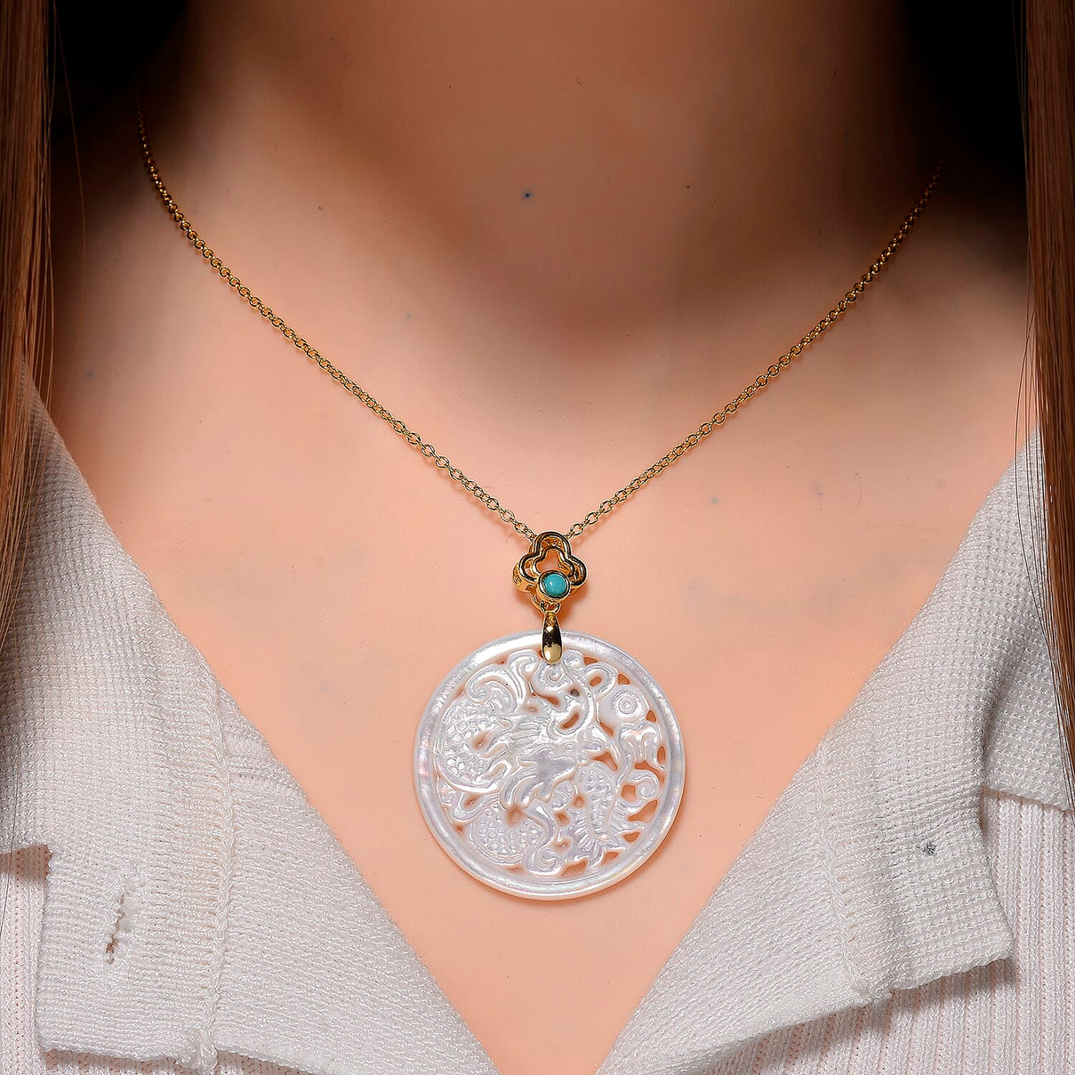 White South Sea Colour Mother Of Pearl Carved Dragon &amp; Blue Turquoise Pendant with Chain (Size 20) in Yellow Gold Overlay Sterling Silver 23.50 Ct. 4380241 1