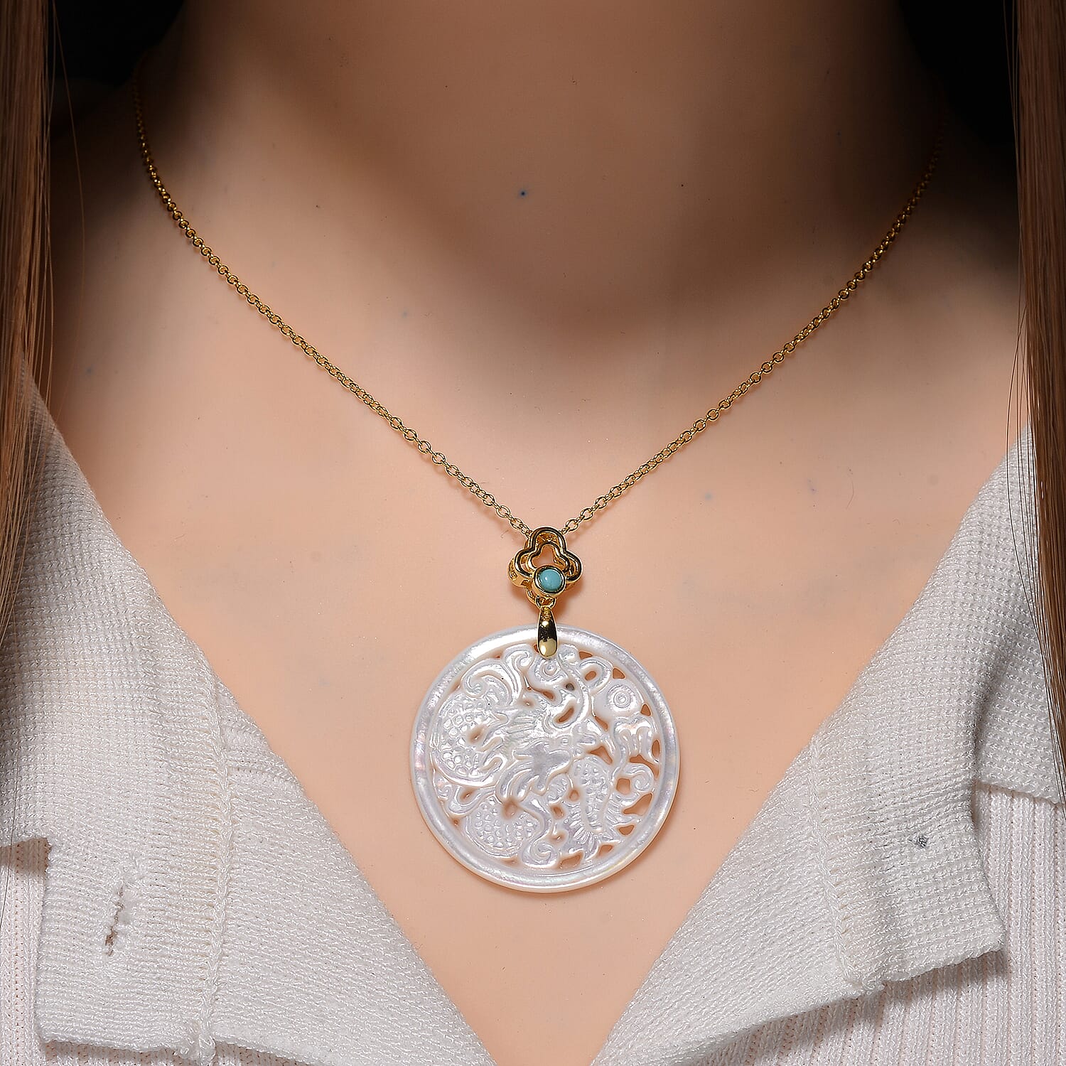 White South Sea Colour Mother Of Pearl Carved Dragon &amp; Blue Turquoise Pendant with Chain (Size 20) in Yellow Gold Overlay Sterling Silver 23.50 Ct. 4380241 1