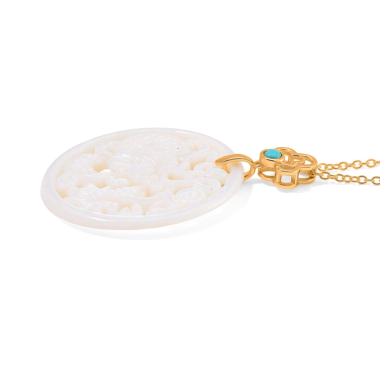 White South Sea Colour Mother Of Pearl Carved Dragon &amp; Blue Turquoise Pendant with Chain (Size 20) in Yellow Gold Overlay Sterling Silver 23.50 Ct. 4380241 2