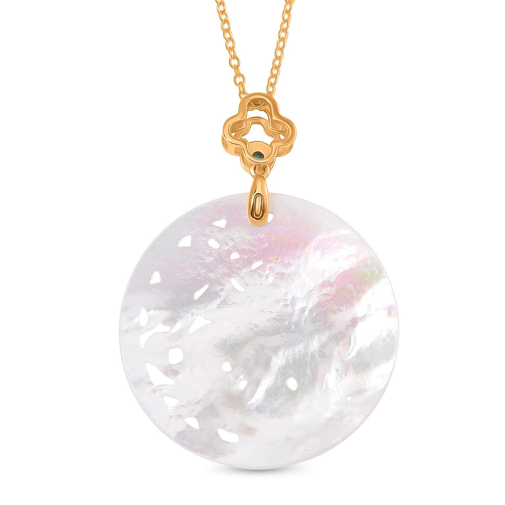 White South Sea Colour Mother Of Pearl Carved Dragon & Blue Turquoise Pendant with Chain (Size 20) in Yellow Gold Overlay Sterling Silver 23.50 Ct.