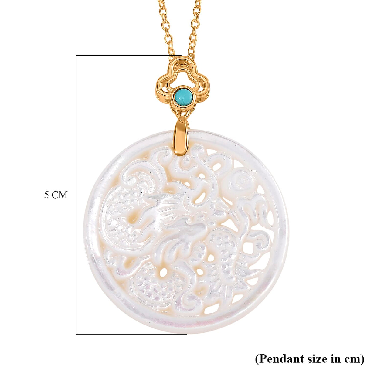 White South Sea Colour Mother Of Pearl Carved Dragon &amp; Blue Turquoise Pendant with Chain (Size 20) in Yellow Gold Overlay Sterling Silver 23.50 Ct. 4380241 5