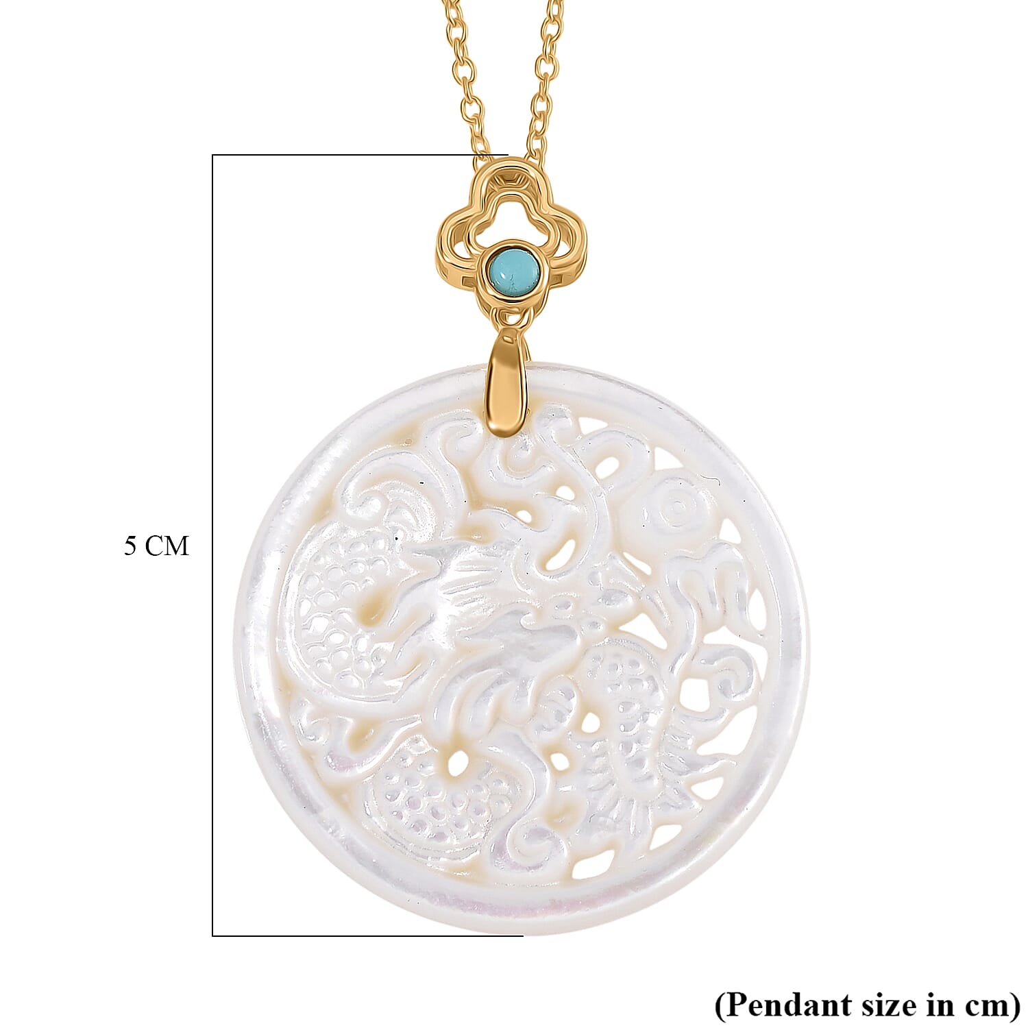 White South Sea Colour Mother Of Pearl Carved Dragon &amp; Blue Turquoise Pendant with Chain (Size 20) in Yellow Gold Overlay Sterling Silver 23.50 Ct. 4380241 5