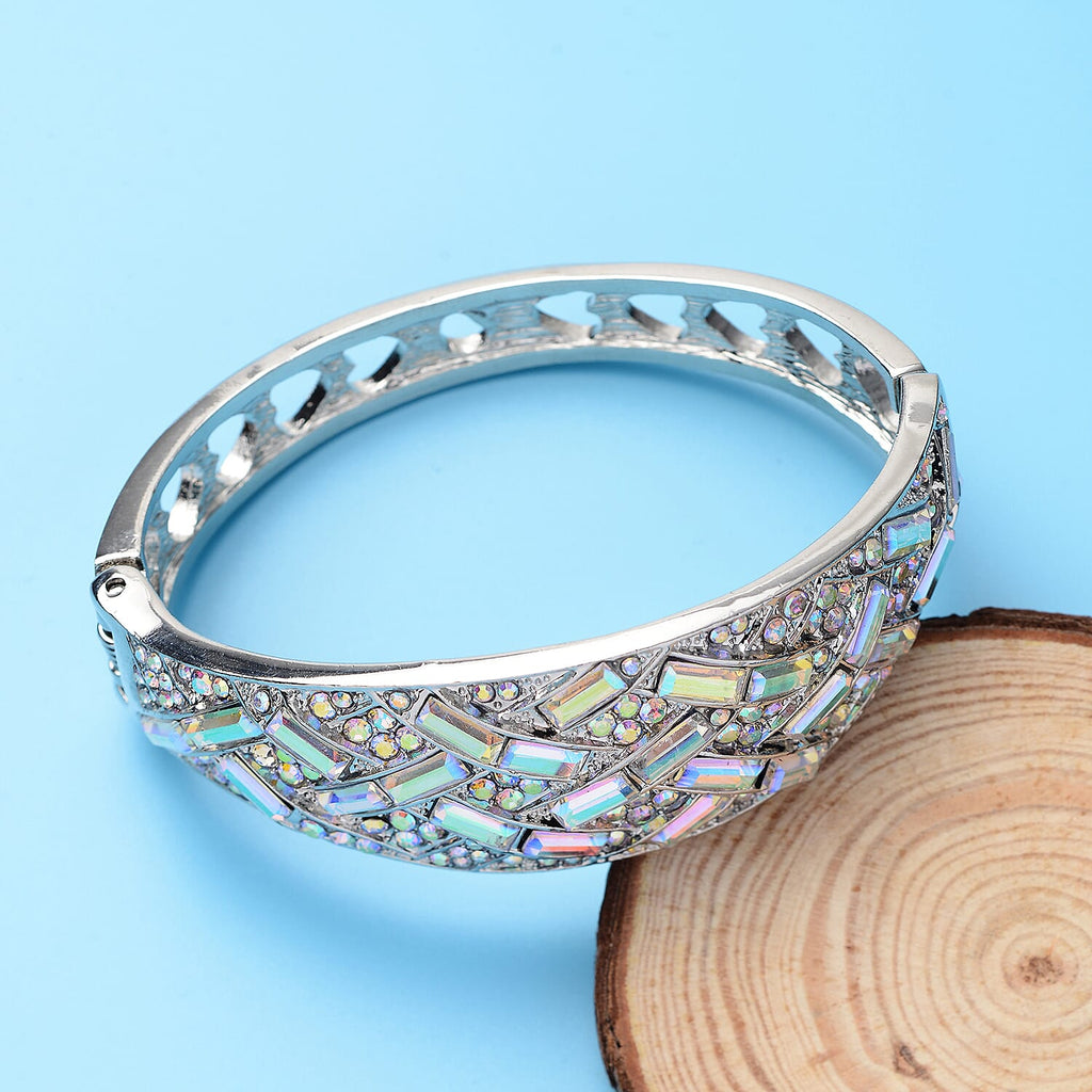 White Mystic Color Glass & Australian White Crystal Bangle (Size - 7)