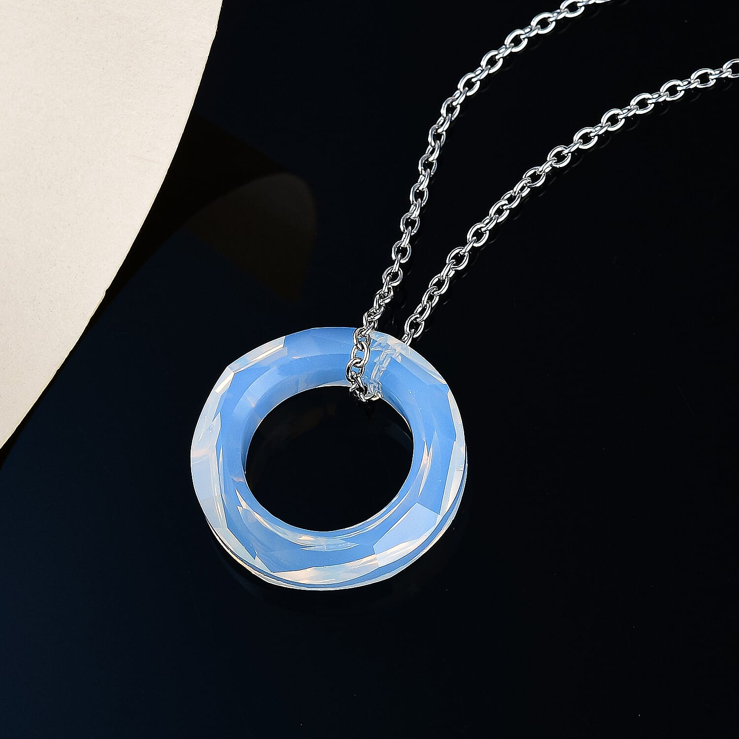 White Opal Crystal Circle Pendant with Stainless Steel Chain (Size-20) with Lobster Clasp in Silver Tone 4209073 3