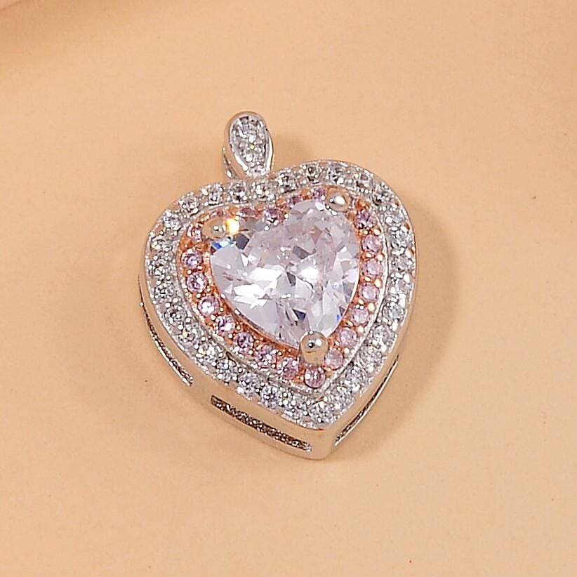 White &amp; Pink Cubic Zirconia Heart Pendant in Two Tone Sterling Silver 7721150 1