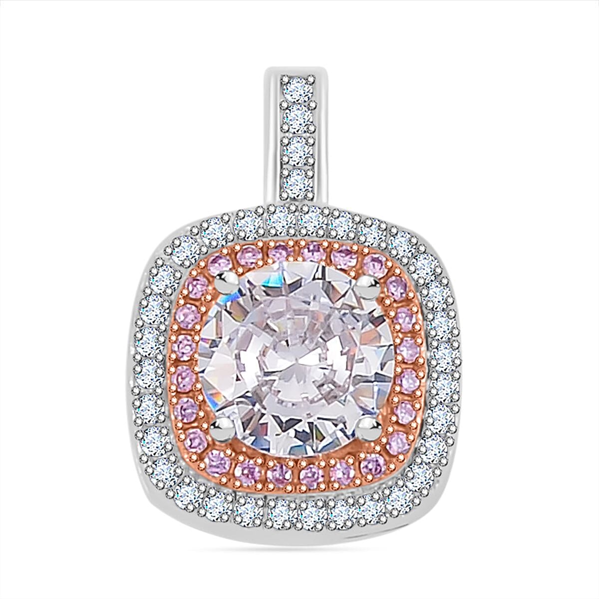 White and Pink Cubic Zirconia Halo Pendant in Two Tone Sterling Silver 7721130 0