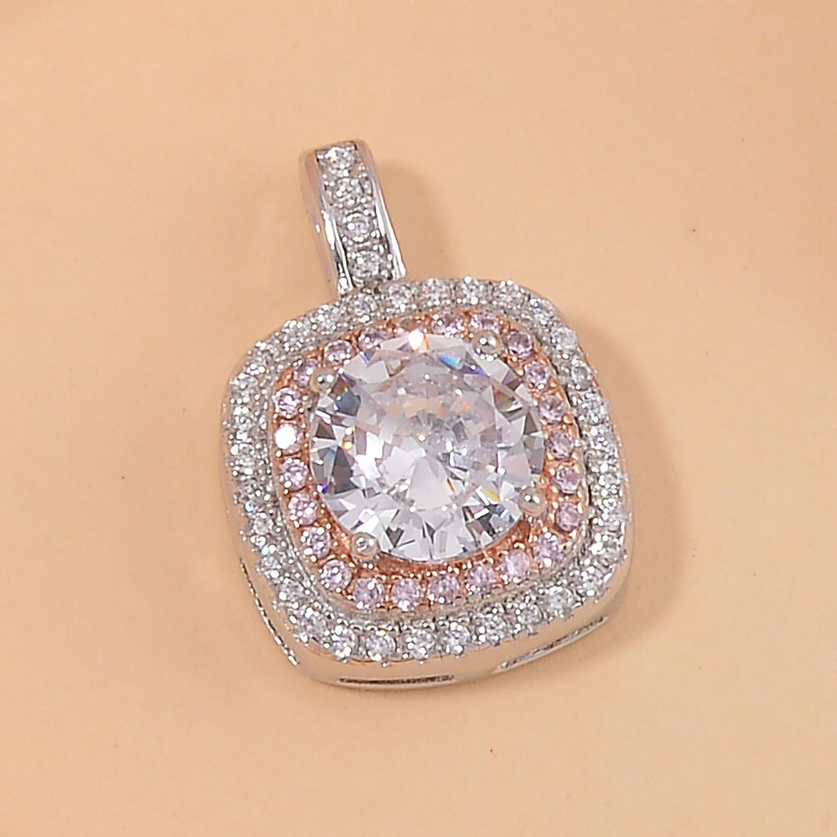 White and Pink Cubic Zirconia Halo Pendant in Two Tone Sterling Silver 7721130 2
