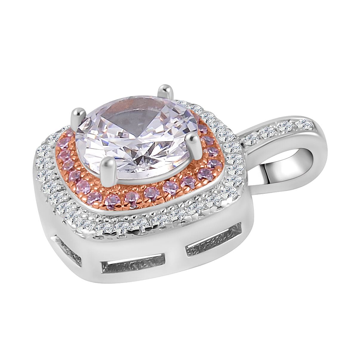 White and Pink Cubic Zirconia Halo Pendant in Two Tone Sterling Silver 7721130 3