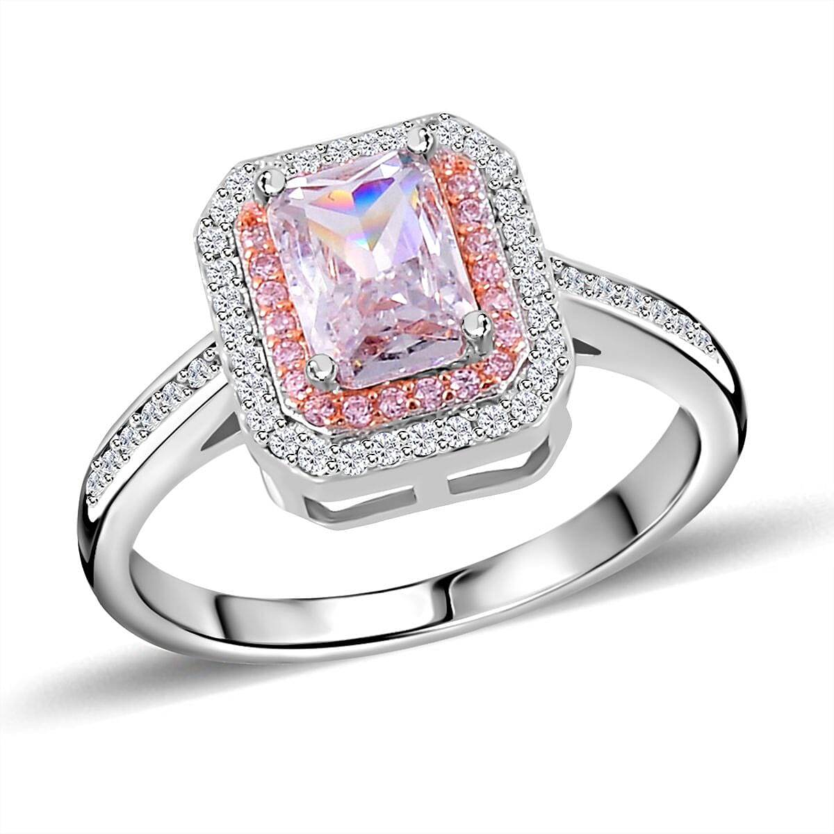White &amp; Pink Cubic Zirconia Halo Ring in Two Tone Plated Sterling Silver 2.08 Ct 7721240 0