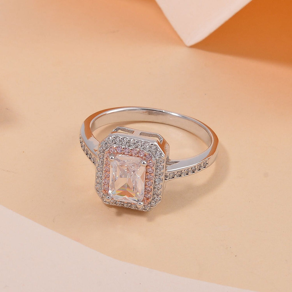 White & Pink Cubic Zirconia Halo Ring in Two Tone Plated Sterling Silver 2.08 Ct
