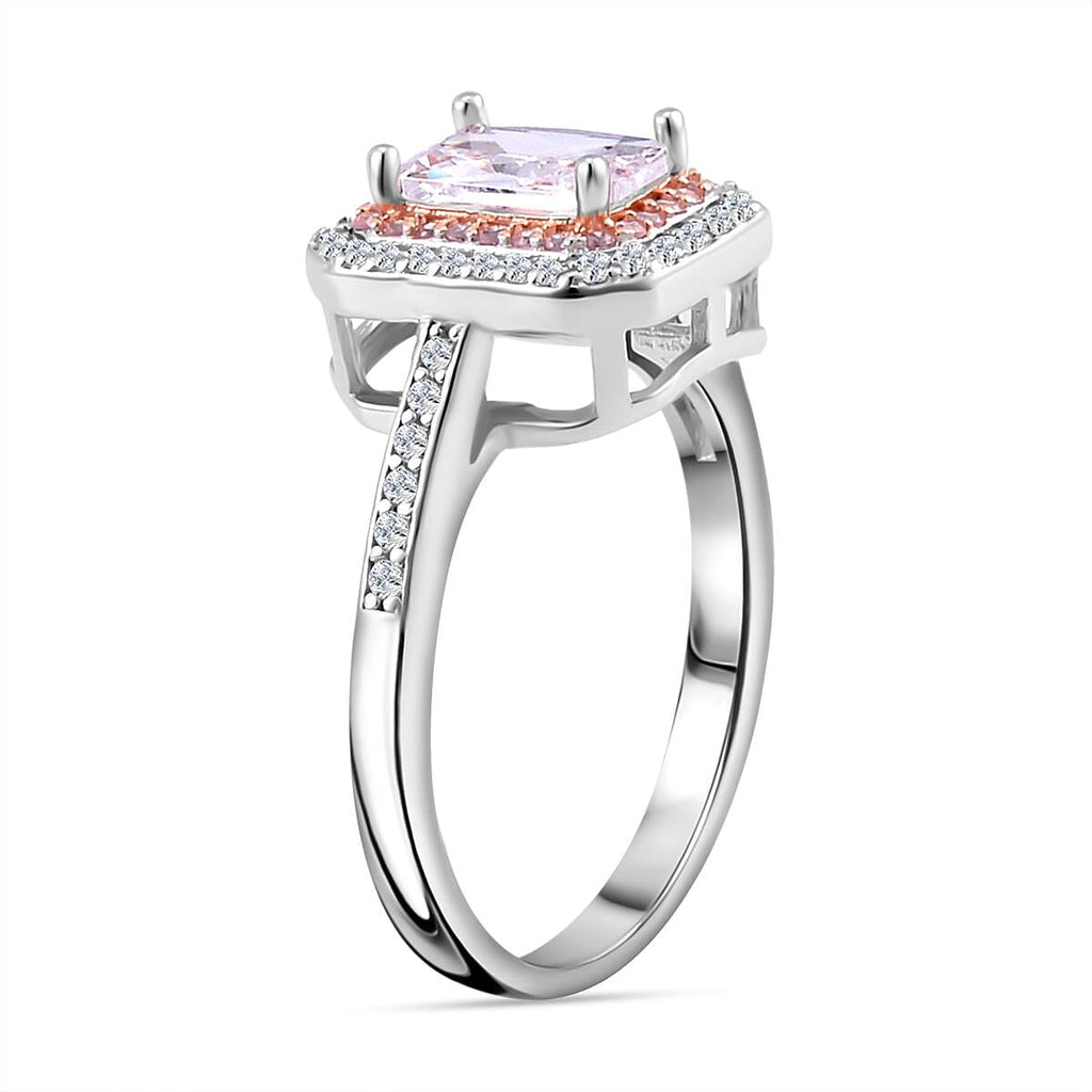 White & Pink Cubic Zirconia Halo Ring in Two Tone Plated Sterling Silver 2.08 Ct