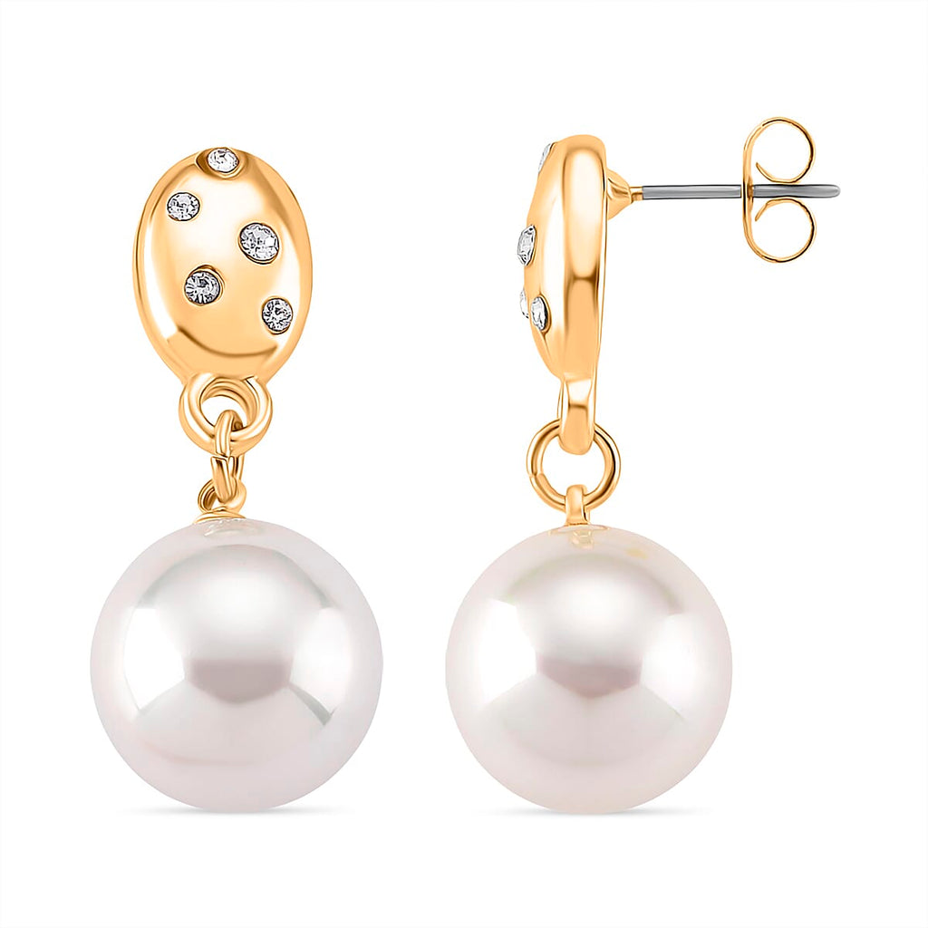 White Shell Pearl & Austrian White Crystal Earring with Push Back in Yellow Gold Plated 30.20 Ct.
