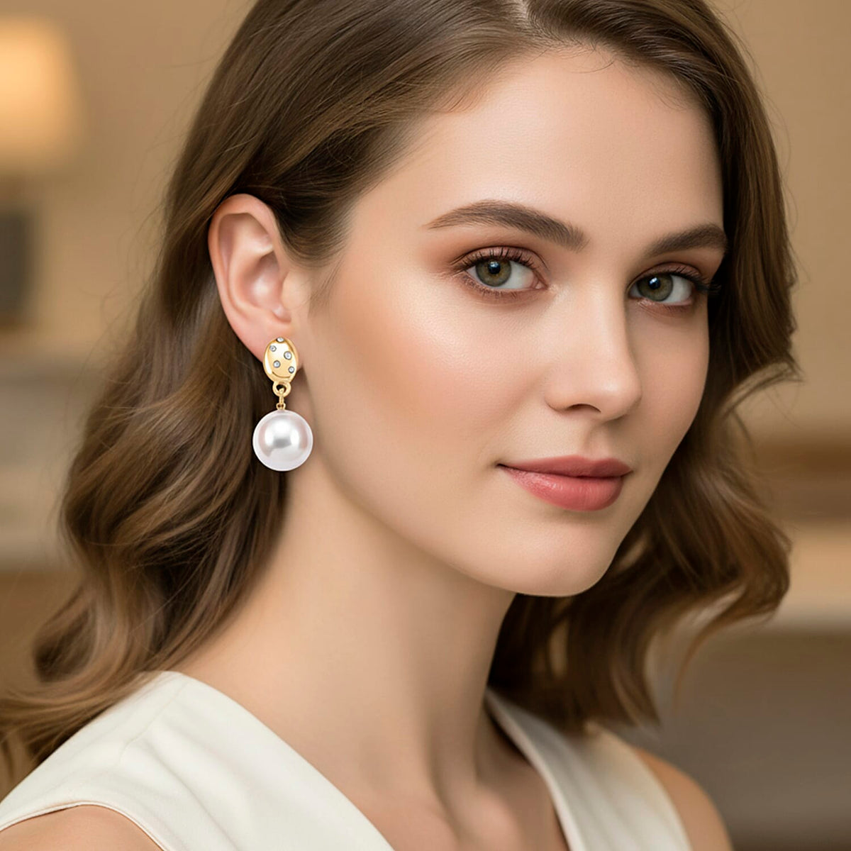 White Shell Pearl &amp; Austrian White Crystal Earring with Push Back in Yellow Gold Plated 30.20 Ct. V32734442 5