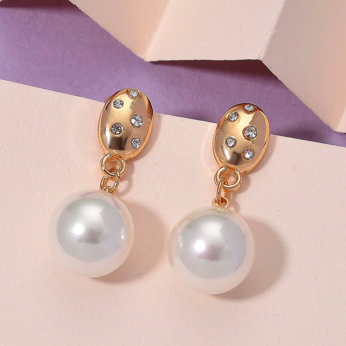 White Shell Pearl &amp; Austrian White Crystal Earring with Push Back in Yellow Gold Plated 30.20 Ct. V32734442 4
