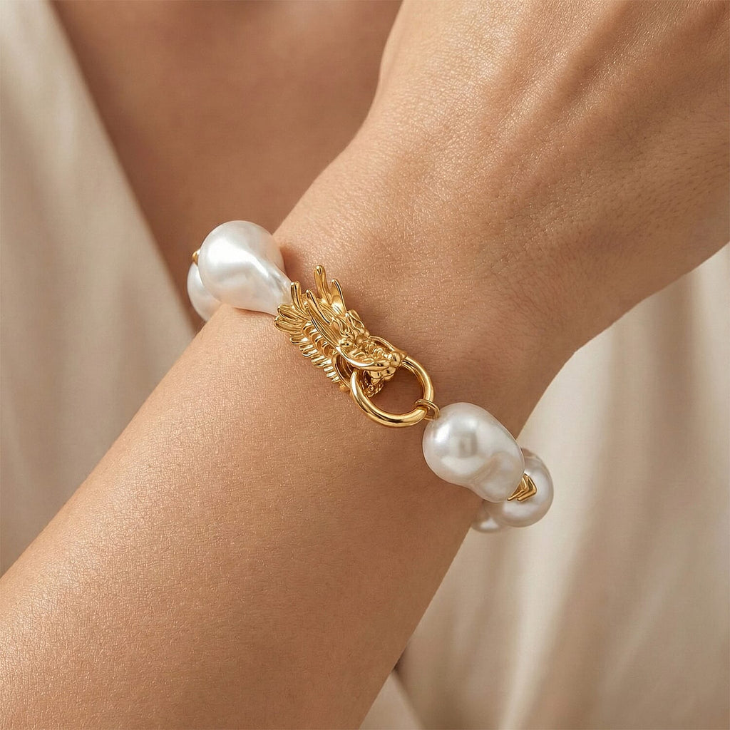 White Shell Pearl Beads Bracelet (Size - 7.5) in Yellow Gold Tone