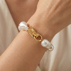 White Shell Pearl Beads Bracelet (Size - 7.5) in Yellow Gold Tone