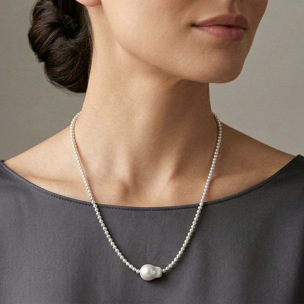 White Shell Pearl Beads Necklace (Size - 18-2 Ext) in Silver Tone
