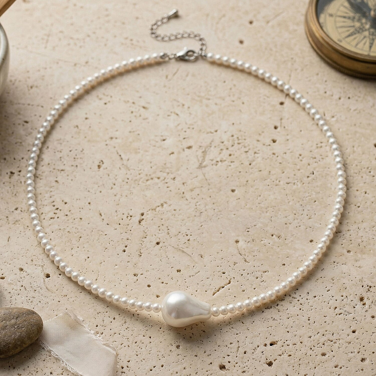 White Shell Pearl Beads Necklace (Size - 18+2 Ext) in Silver Tone V32516199 3