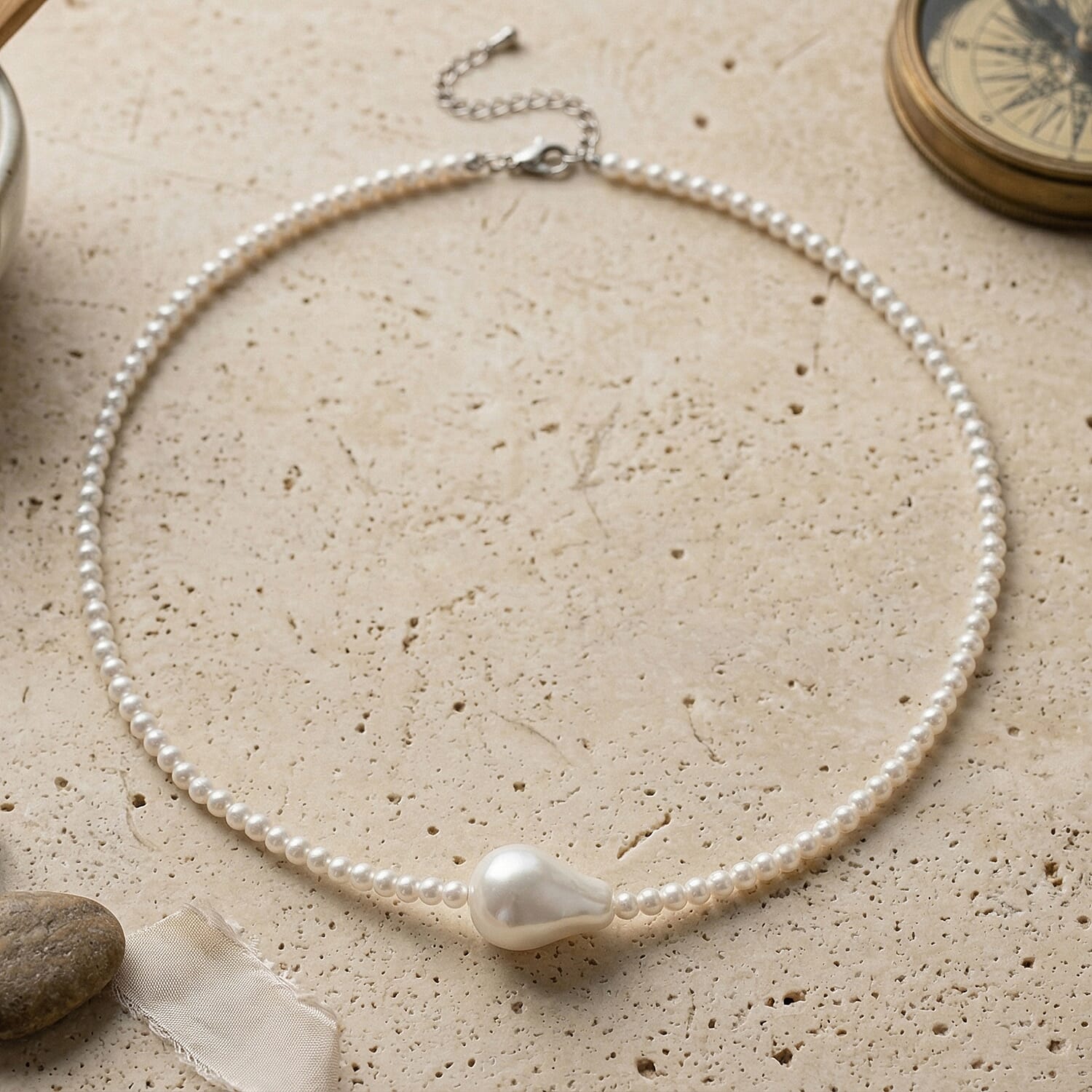 White Shell Pearl Beads Necklace (Size - 18+2 Ext) in Silver Tone V32516199 3
