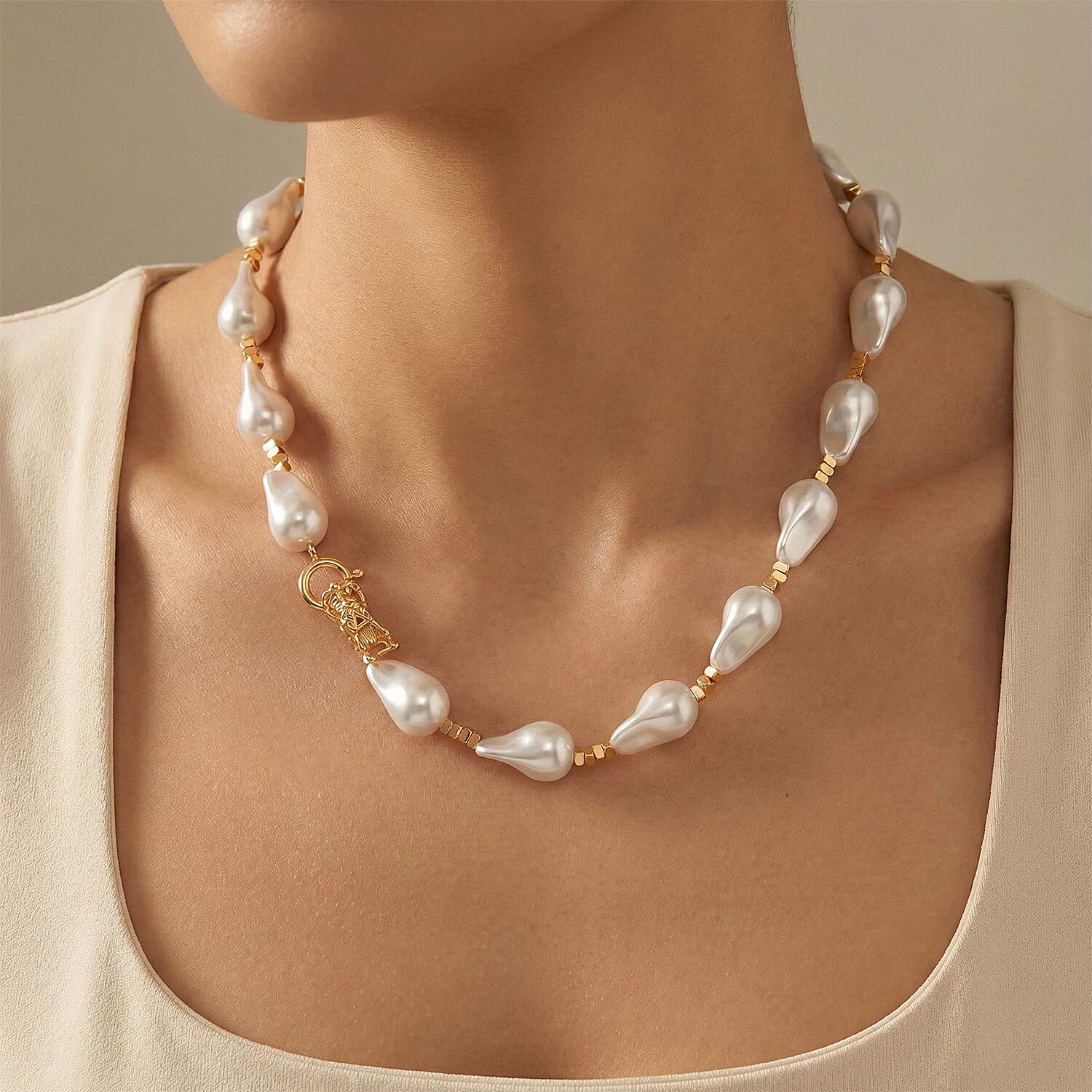 White Shell Pearl Beads Necklace (Size - 20) in Yellow Gold Tone 8378150 2