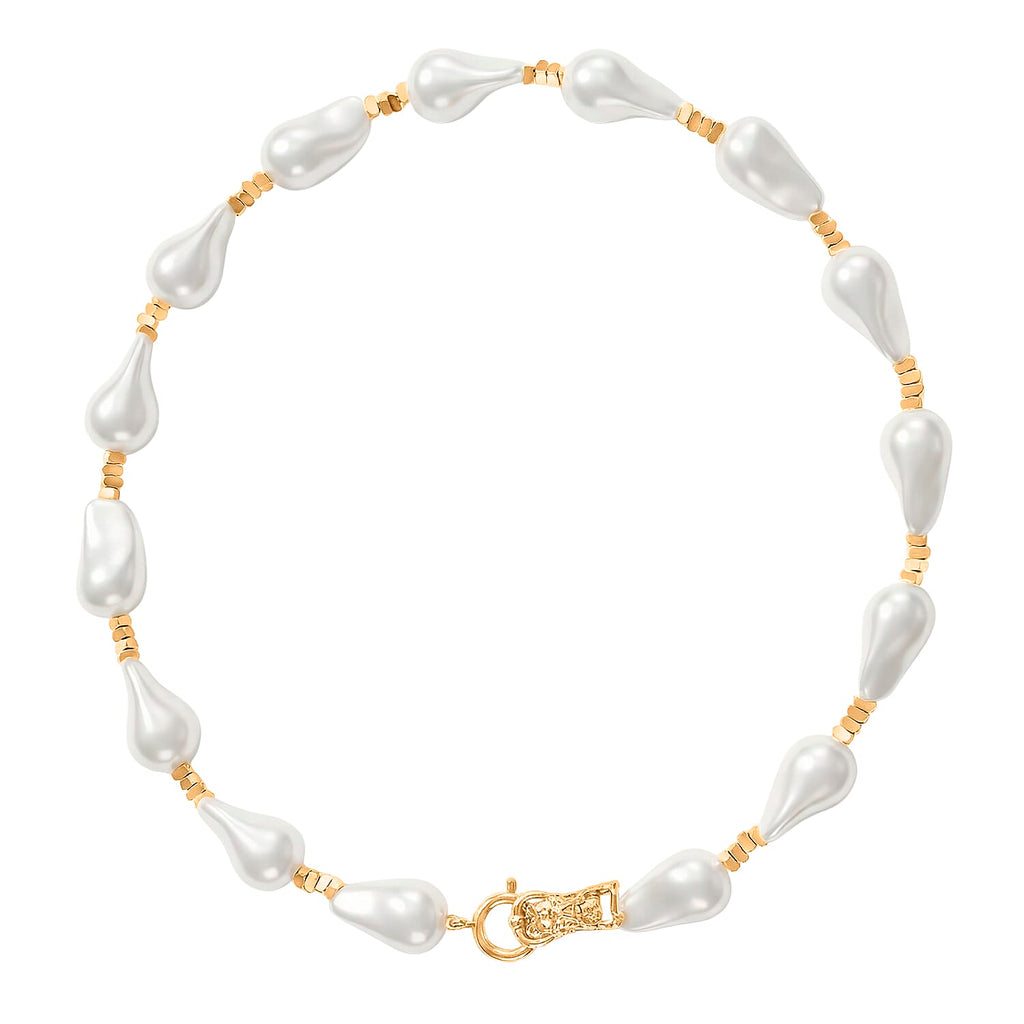 White Shell Pearl Beads Necklace (Size - 20) in Yellow Gold Tone