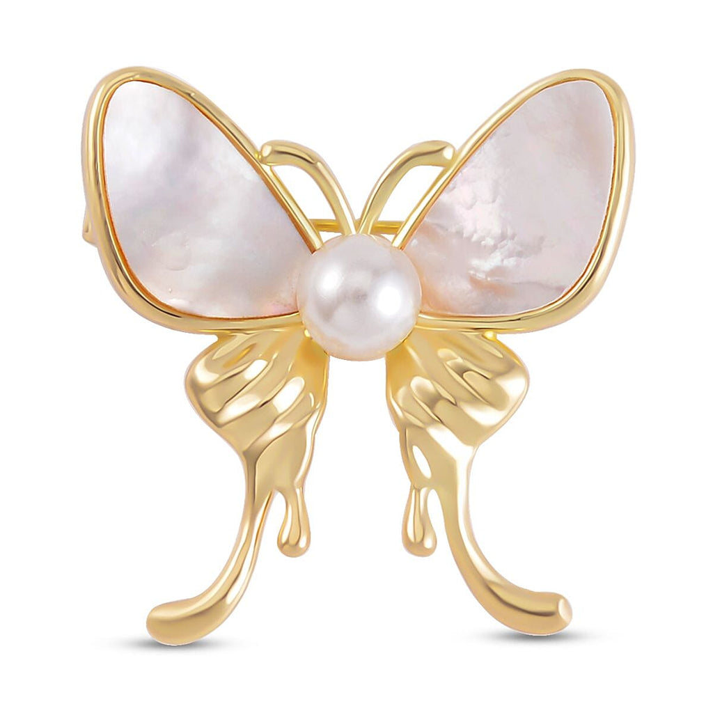 White Shell Pearl Butterfly Brooch in Yellow Gold Tone