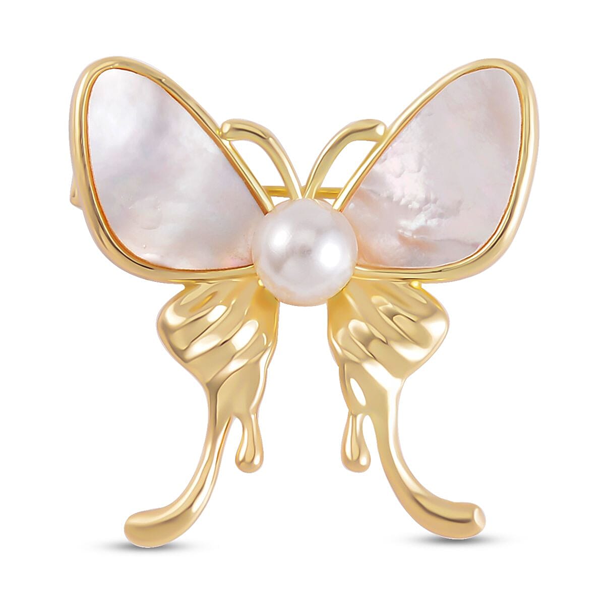 White Shell Pearl Butterfly Brooch in Yellow Gold Tone 7602252 0
